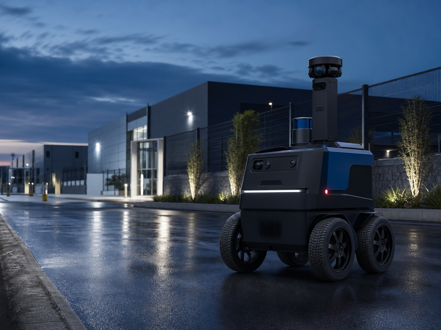 Robot autónomo de seguridad patrullando un parque industrial